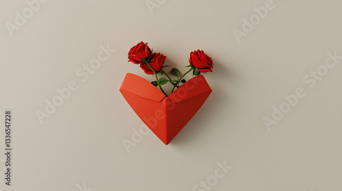 Minimalist 3D heart with red roses on a white background, AI generated, perfect for romantic themes, branding, and luxury design