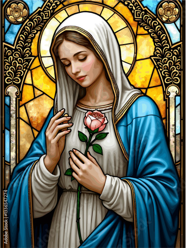 Stained Glass Portrait of the Virgin Mary Holding a Rose