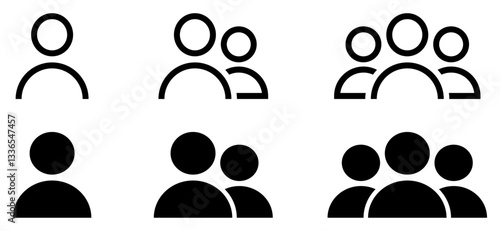 Black user and group icons showing single person, two people, and team. Vector design perfect for social media, community, communication, profiles, networks, and team concepts.