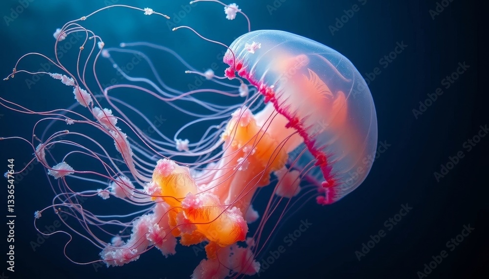 Naklejka premium An ethereal jellyfish with delicate, flowing tentacles, exhibiting vibrant hues of pink and orange against a deep blue aquatic background.