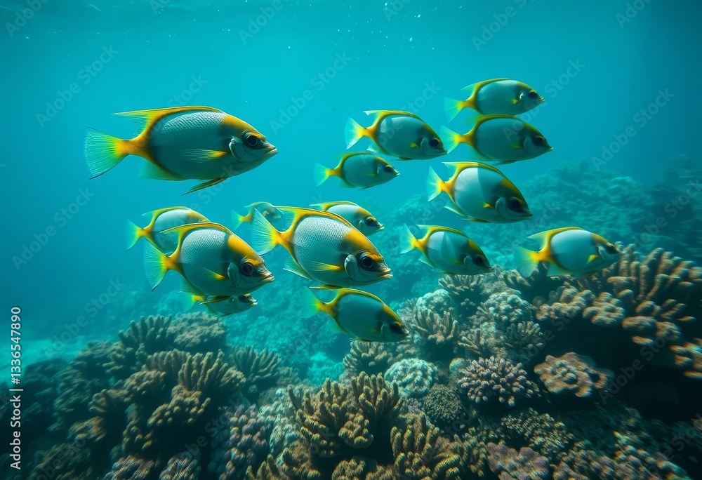 Naklejka premium A vibrant school of tropical fish gracefully swims above a lively coral reef, exhibiting a mesmerizing underwater ballet.