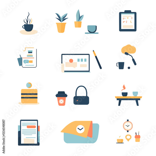 Modern office or business icons set, coffee, plants, and office items.