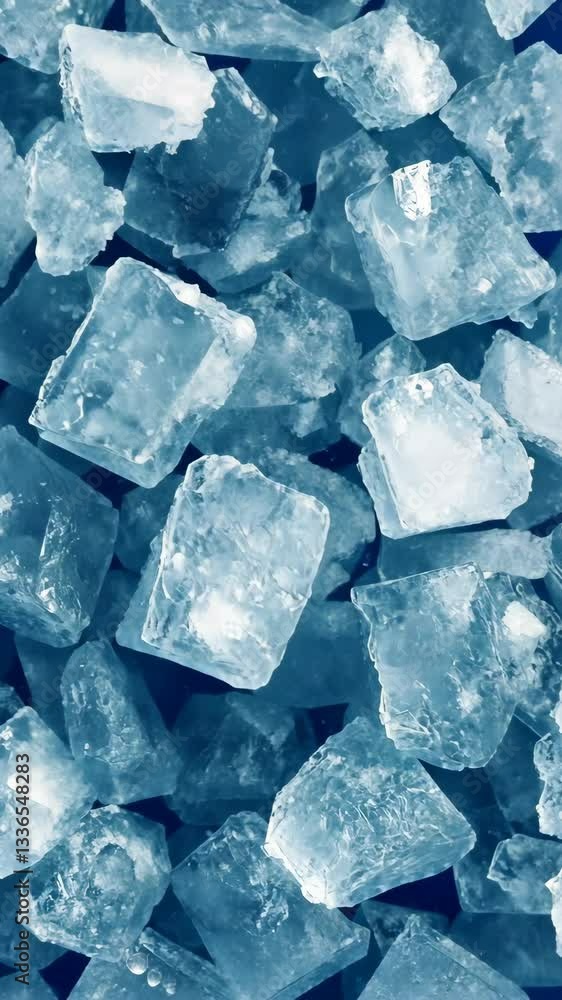 Chunky ice cubes scattered on a surface with blue hues reflecting light in a cool setting Chunky ice cubes scattered on a surface with blue hues reflecting light in a cool setting