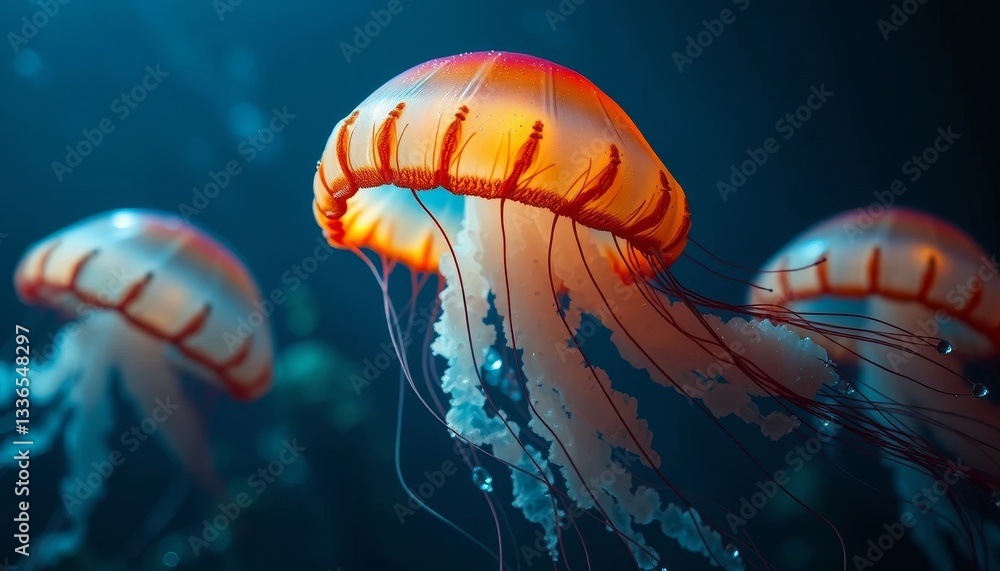 Fototapeta premium Mesmerizing underwater scene featuring three vibrant jellyfish, their translucent bells glowing with orange and white hues, gracefully floating in a deep blue aquatic environment.