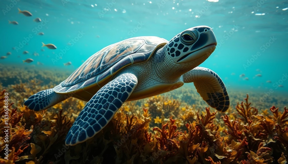 Fototapeta premium Majestic Sea Turtle Gracefully Navigating Vibrant Coral Reef Ecosystem