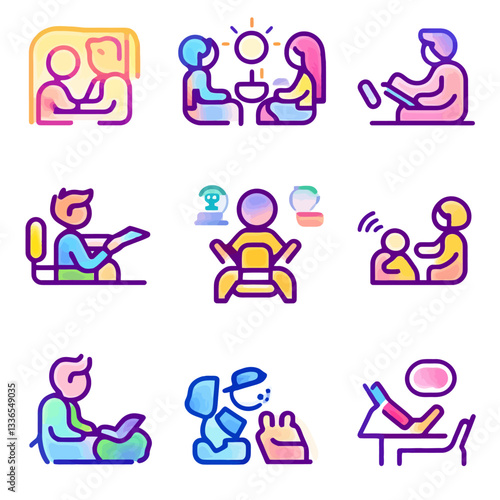 Colorful Icon Set Depicting Various Human Activities and Relationships.
