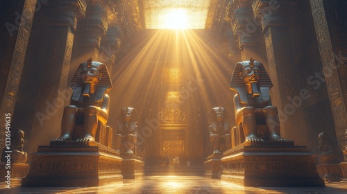 Sunlight illuminating an ancient Egyptian temple with majestic golden sphinx statues and hieroglyphic carvings on the walls