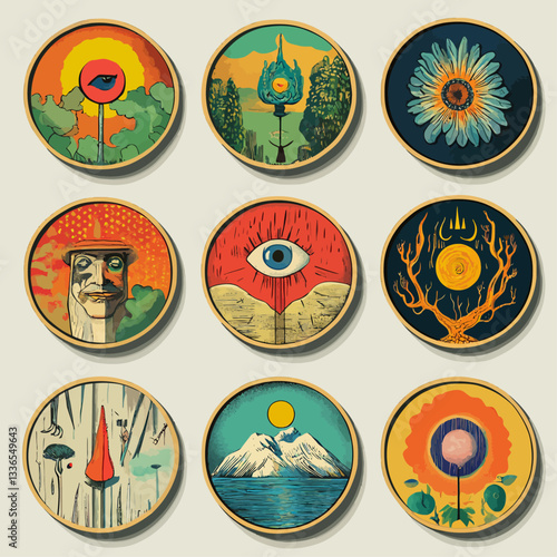 Psychedelic art collage, circular design elements, surreal illustrations