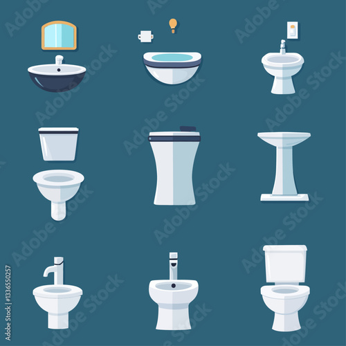 Bathroom Fixtures Illustration: Sinks, Toilets, Modern, Minimalist Design