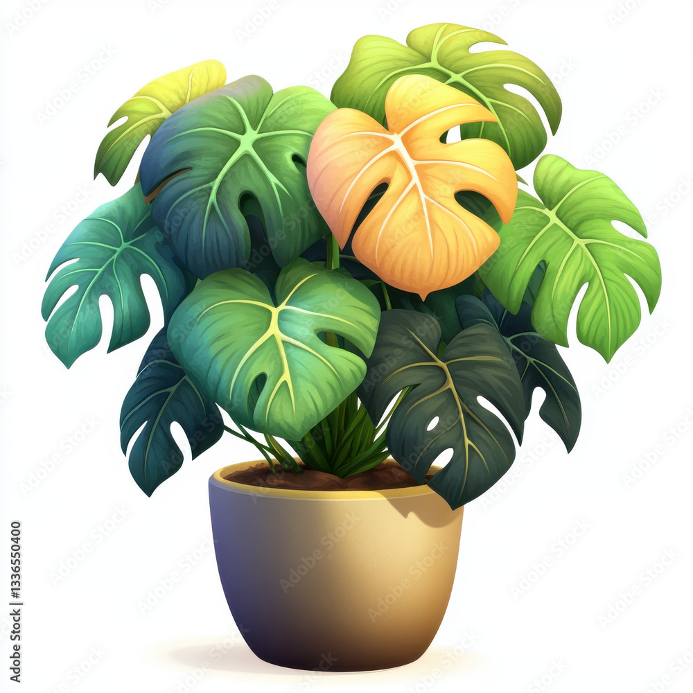 Obraz premium Lush monstera plant with vibrant green and yellow leaves in modern pot, adding touch of nature to any space. Perfect for home decor or office settings
