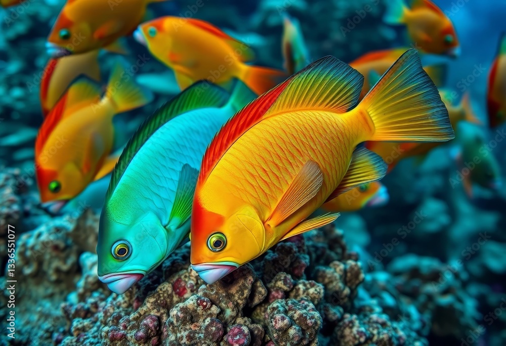Fototapeta premium Vibrant Reef Inhabitants A Close-Up of Two Strikingly Colored Tropical Fish Amongst a School, Displaying Their Vivid Hues and Intricate Fin Details Against a Background of Coral