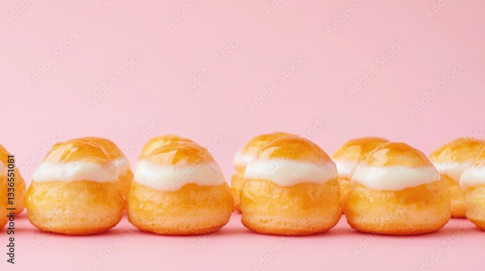 A row of cream-filled pastries on a pastel pink background, showcasing their golden-brown tops and smooth, creamy filling. A row of cream-filled pastries on a pastel pink background, showcasing their golden-brown tops and smooth, creamy filling.