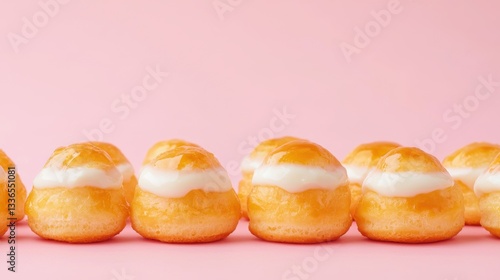 Wallpaper Mural A row of cream-filled pastries on a pastel pink background, showcasing their golden-brown tops and smooth, creamy filling. Torontodigital.ca