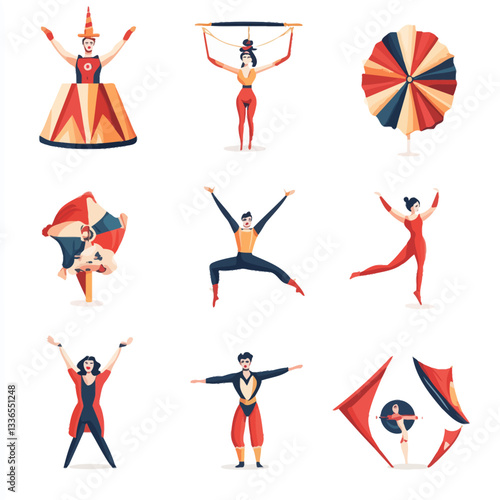 Circus performers and props, vector illustration, white background, acrobatics.