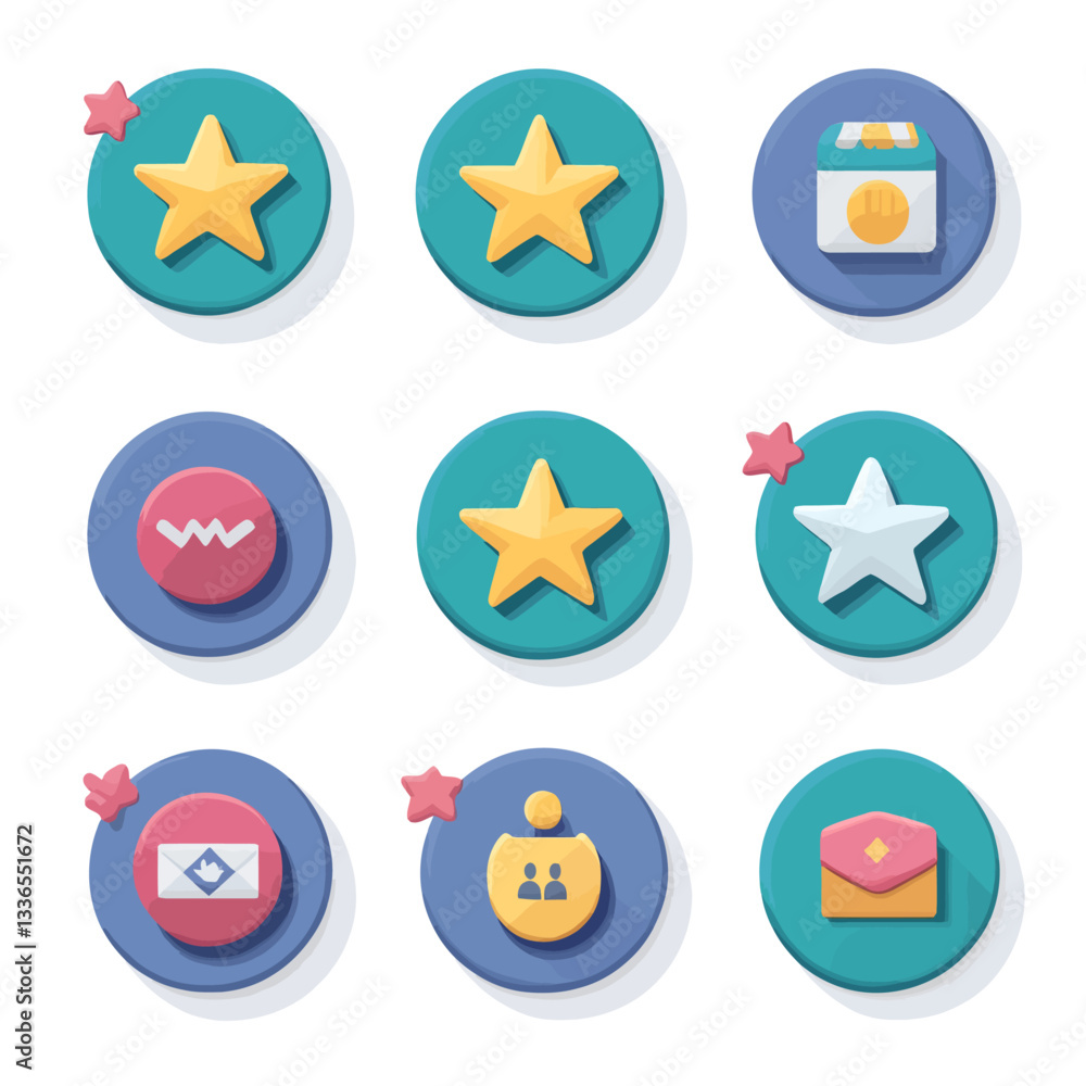 Colorful Round Icons with Stars, Envelope, Calendar, and People Symbols Colorful Round Icons with Stars, Envelope, Calendar, and People Symbols