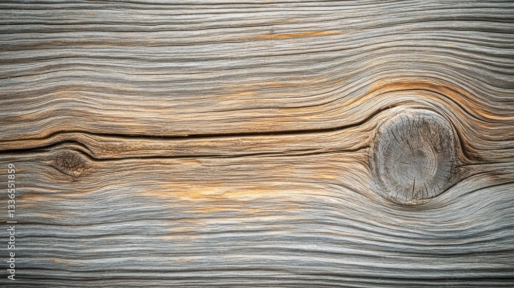 Fototapeta premium Close-up of rustic weathered wood plank with knots and grain texture.