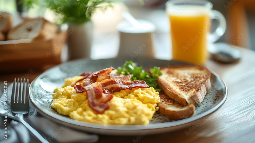Scrambled eggs with crispy bacon, toasted bread, and a refreshing glass of orange juice. Scrambled eggs with crispy bacon, toasted bread, and a refreshing glass of orange juice.