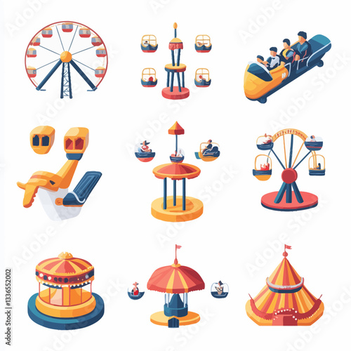 Amusement Park Vector Illustrations Ferris Wheel Roller Coaster Carousel