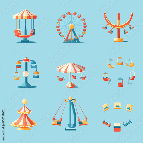 Colorful Amusement Park Rides Vector Illustration on Blue Background