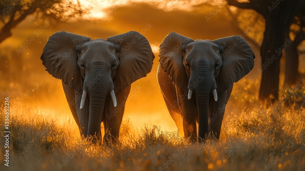 Fototapeta premium Majestic African elephants walking through golden grasslands at sunset, showcasing their grandeur and wild beauty