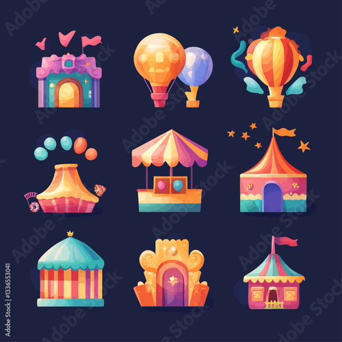 Whimsical Carnival Elements: Circus Tents, Balloons, and Booths Illustrations