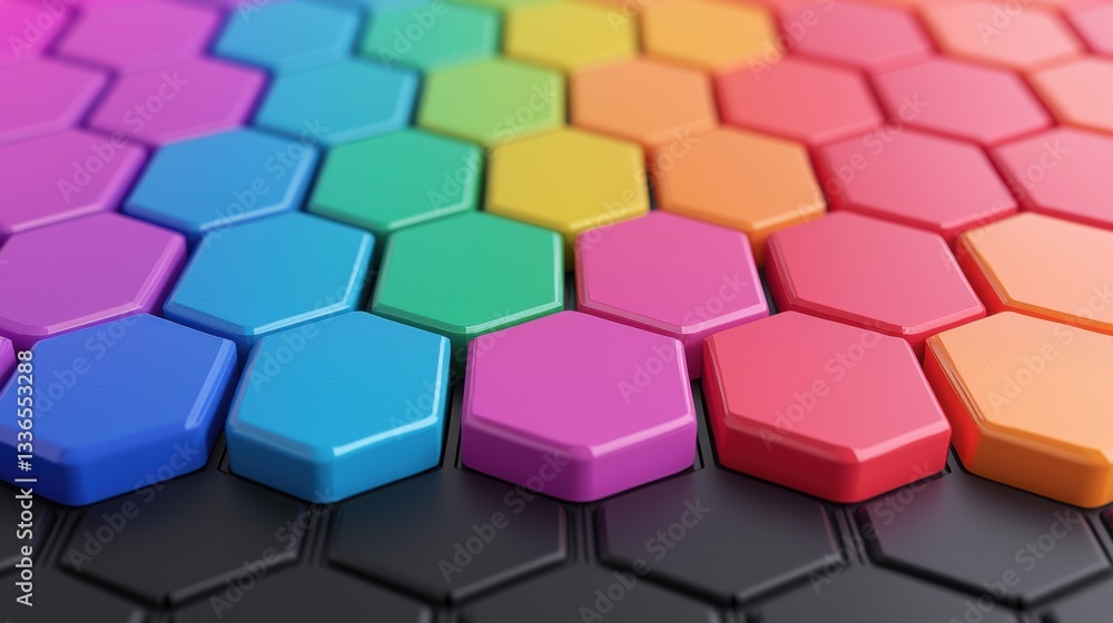 A vibrant arrangement of hexagonal tiles in a gradient of colors, creating an appealing visual pattern against a dark background. A vibrant arrangement of hexagonal tiles in a gradient of colors, creating an appealing visual pattern against a dark background.
