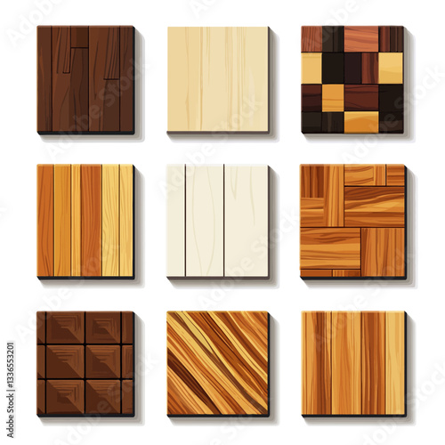 Wood flooring samples various patterns and colors on white background.