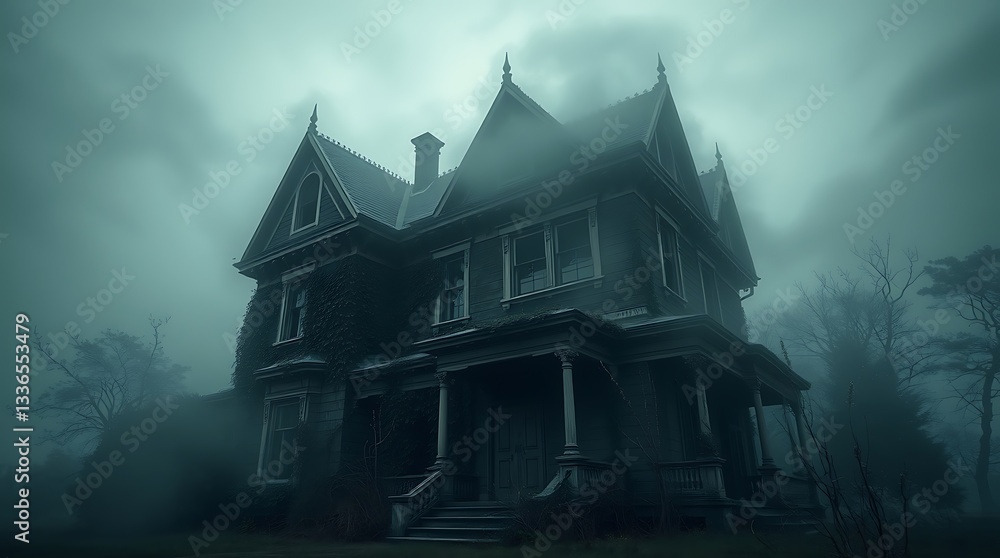 Haunted Victorian mansion, eerie green fog, twisted bare trees, gothic architecture, dilapidated wooden porch, spooky atmosphere, cloudy night sky, abandoned house, horror movie setting, creepy silhou Haunted Victorian mansion, eerie green fog, twisted bare trees, gothic architecture, dilapidated wooden porch, spooky atmosphere, cloudy night sky, abandoned house, horror movie setting, creepy silhou