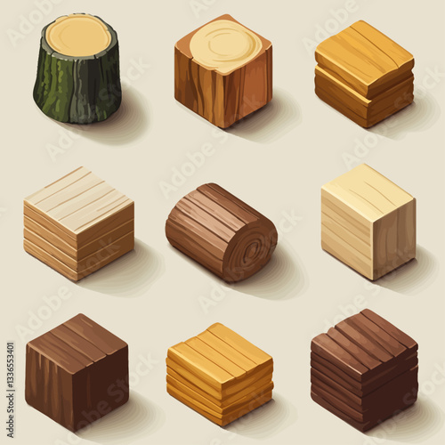 Set of stylized wooden blocks with various grains and colors on neutral background.