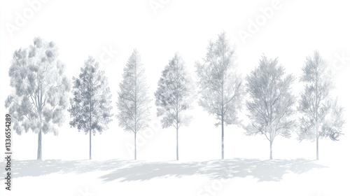 Eight stylized trees on white background.