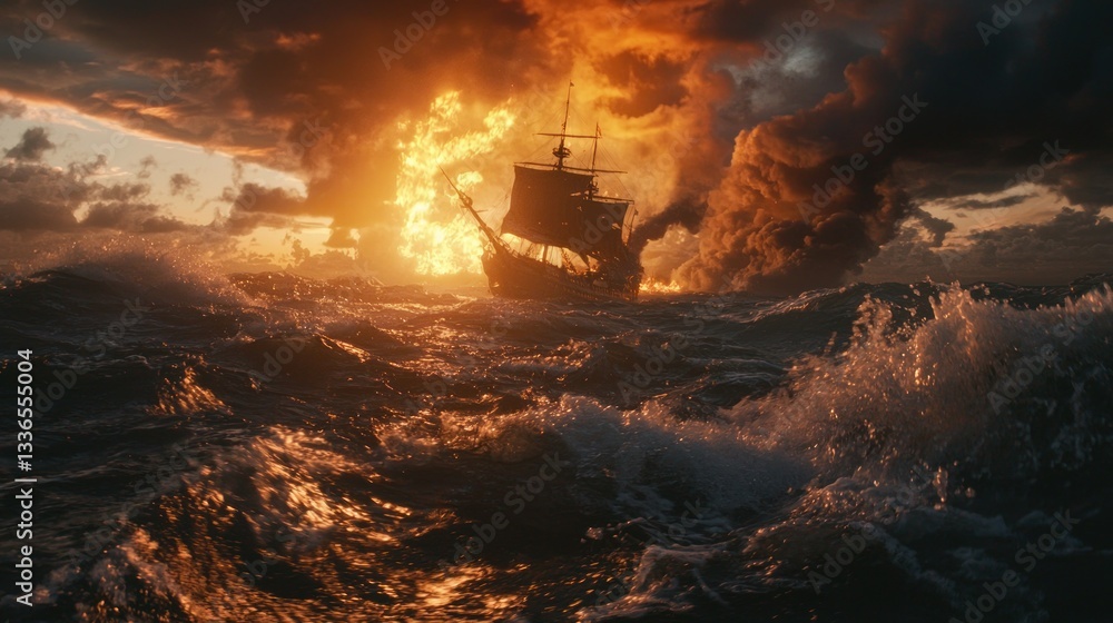 Burning galleon engulfed in flames and smoke amidst stormy sea. Burning galleon engulfed in flames and smoke amidst stormy sea.