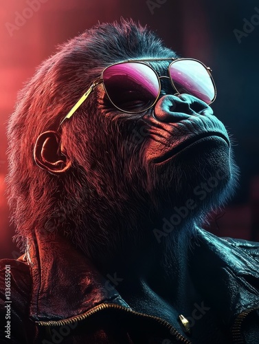 Wallpaper Mural A stylish gorilla wearing sunglasses and a leather jacket exudes an air of confidence against a colorful background. Torontodigital.ca