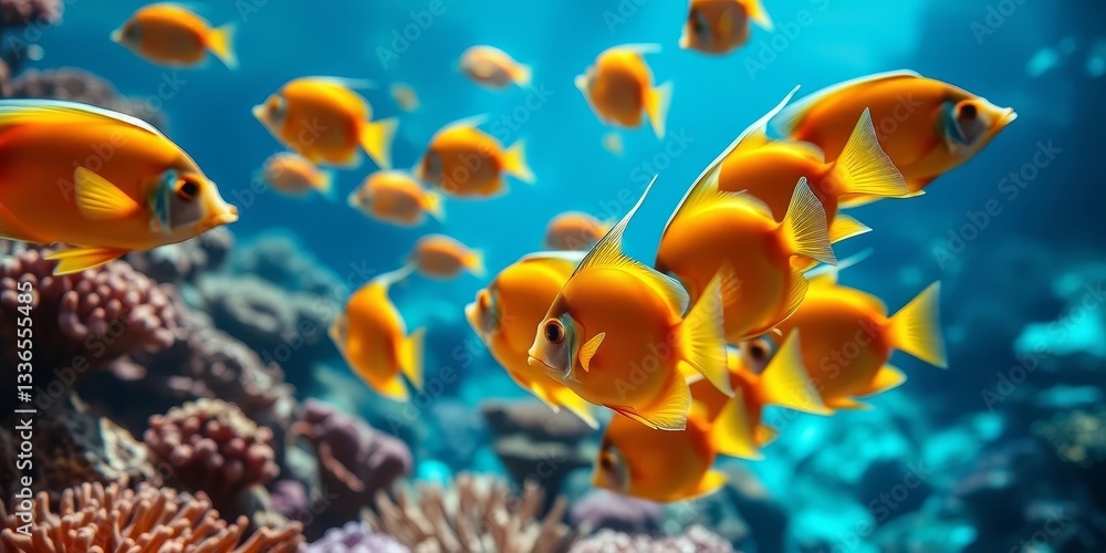 Fototapeta premium A vibrant underwater scene showcasing a school of bright orange fish gracefully swimming amidst a colorful coral reef