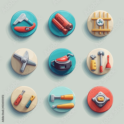 Set of 3D-style construction tools, isolated on gray background, icons