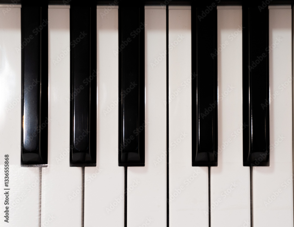A top-down shot of black and white piano keys in alternating pattern. A top-down shot of black and white piano keys in alternating pattern.