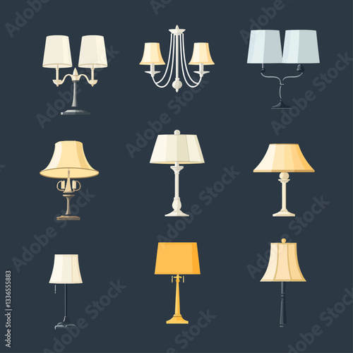 Elegant Lamps and Chandeliers, Decorative Lighting Collection Illustration