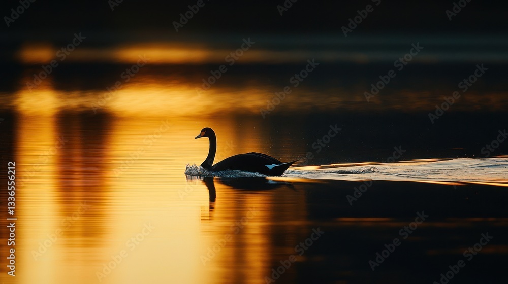 Fototapeta premium Black swan swimming at sunset, golden reflection.