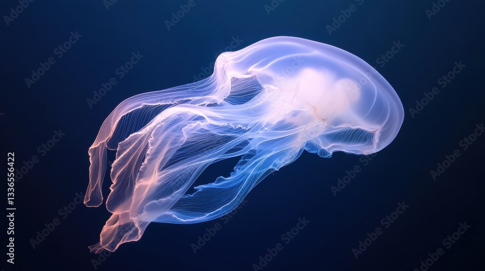 A transparent jellyfish floating gracefully in the deep ocean. A transparent jellyfish floating gracefully in the deep ocean.