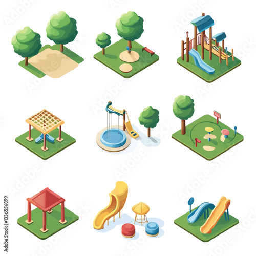 Isometric Playground Illustrations with Slides, Swings, and Sandboxes