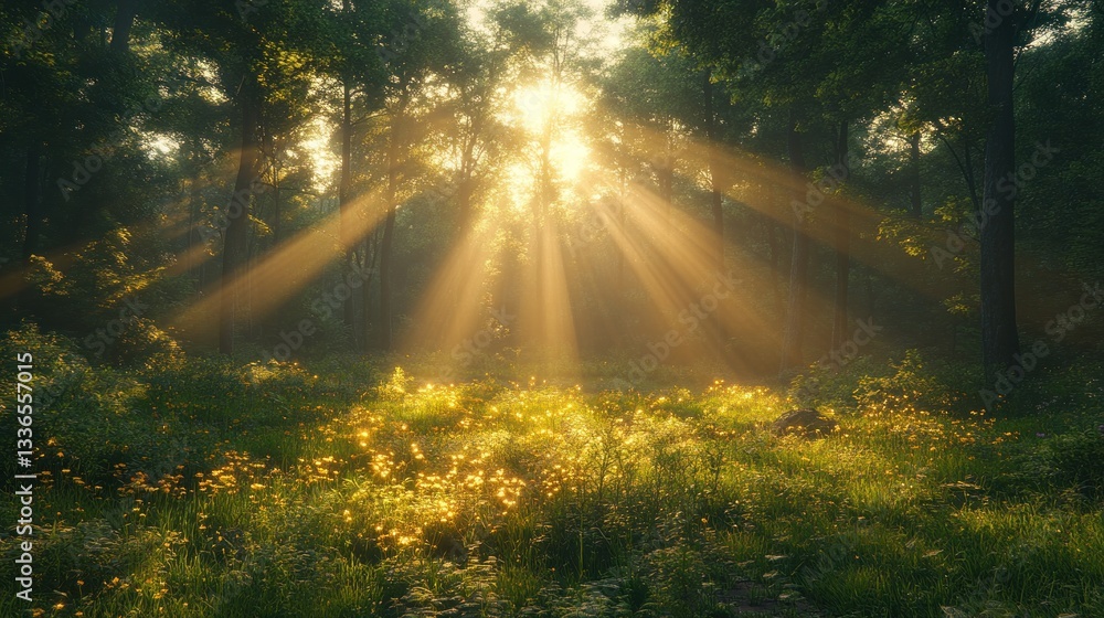 Obraz premium Sunbeams Illuminating a Mystical Forest