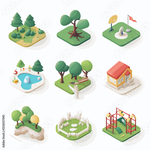 Isometric Park and Recreation Icons, 3D Rendered Nature Scenes, Illustration