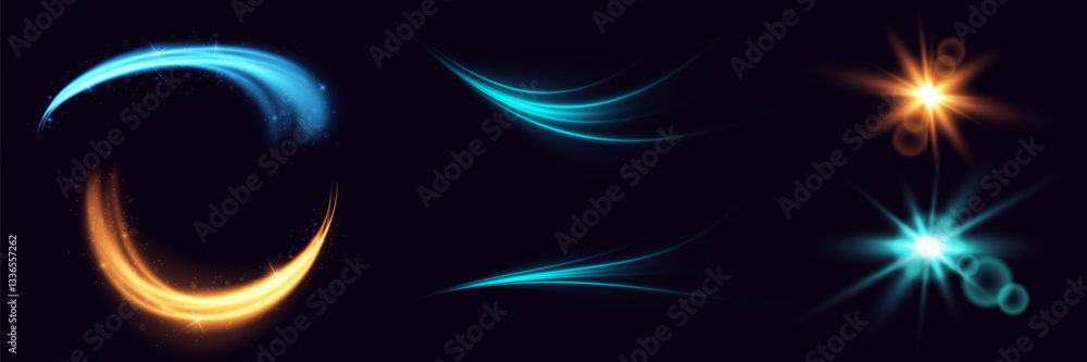 Set of bright particles, burning blue and yellow lights, stars, vortex, speed. Vector. Set of bright particles, burning blue and yellow lights, stars, vortex, speed. Vector.