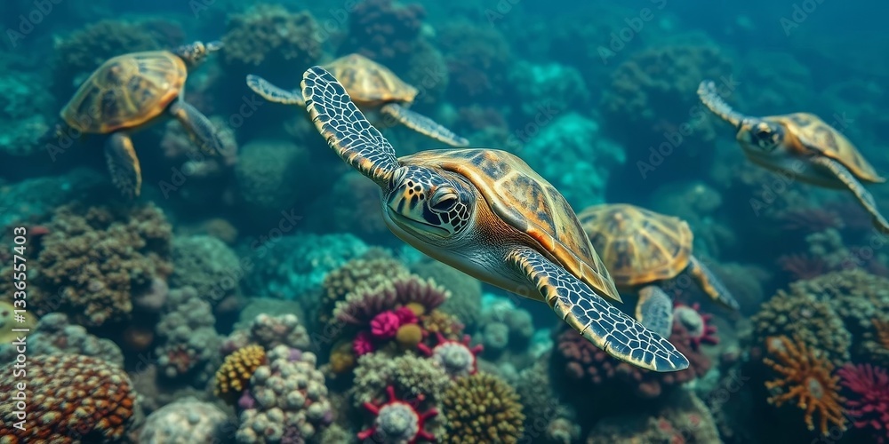 Fototapeta premium Oceanic Sea Turtles Gracefully Navigating Vibrant Coral Reef