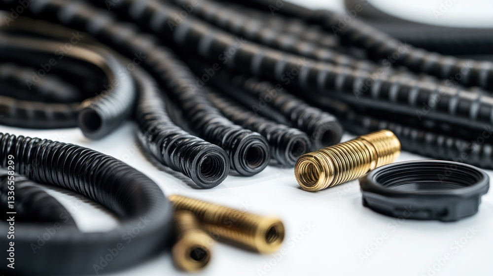 Close-up of various black corrugated tubes and brass connectors on white background. Close-up of various black corrugated tubes and brass connectors on white background.