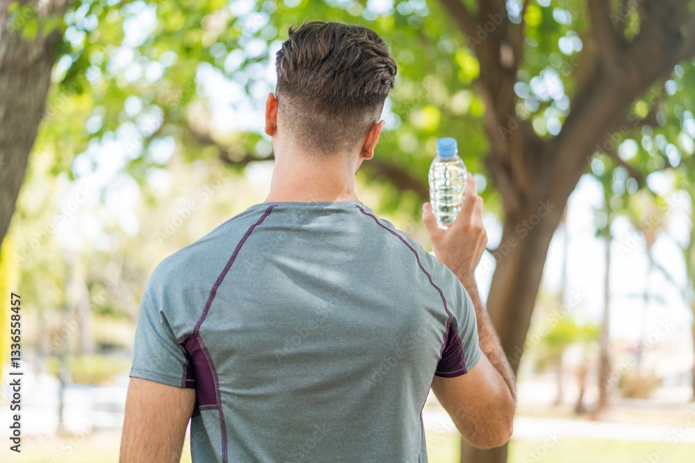 Young handsome sport man with a bottle of water at outdoors in back position Young handsome sport man with a bottle of water at outdoors in back position