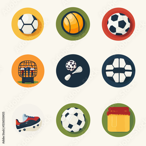 Sports Balls and Equipment Icons Set in Colorful Flat Design Style
