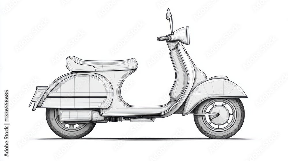 Obraz premium vintage scooter illustration in minimalist style, showcasing its classic design and curves. scooter features comfortable seat and sleek body, evoking nostalgia and charm
