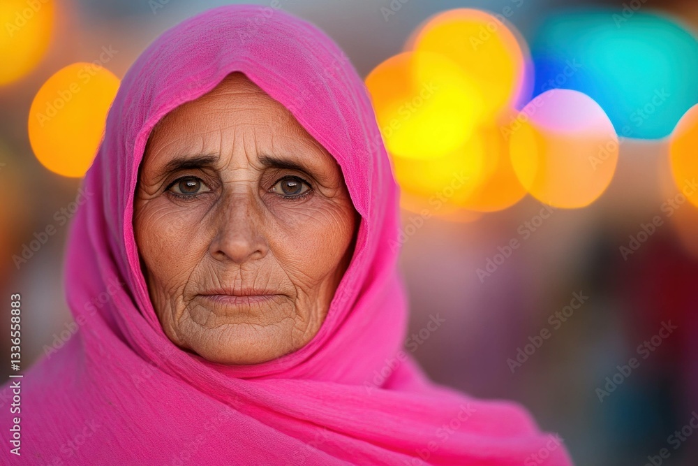 Elegant portrait of an elderly woman in a vibrant pink hijab, showcasing her wisdom and grace against a colorful, softly blurred background Elegant portrait of an elderly woman in a vibrant pink hijab, showcasing her wisdom and grace against a colorful, softly blurred background