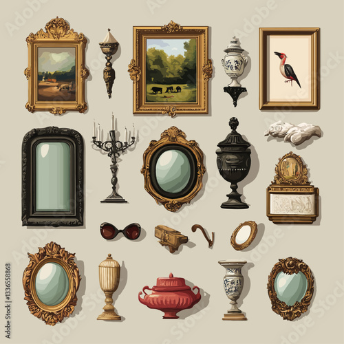 Antique Decorative Objects, mirrors, frames, candle holders, and art