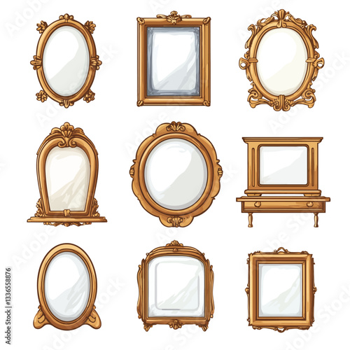 Set of Ornate Golden Mirrors, Decorative Antique Frames, Isolated on White